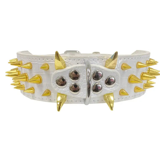 Gold Spiked White Leather Dog Collar